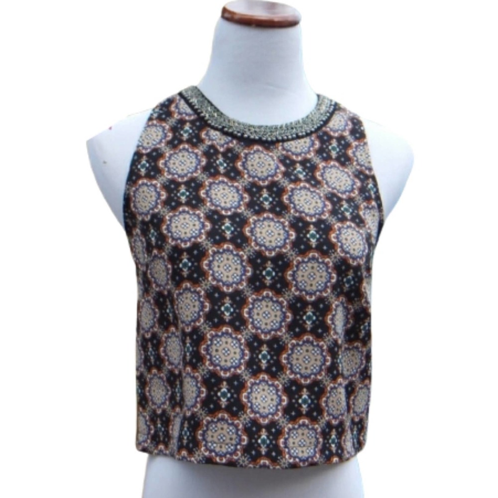 Top Sleeveless Print Beaded Sz M NWT